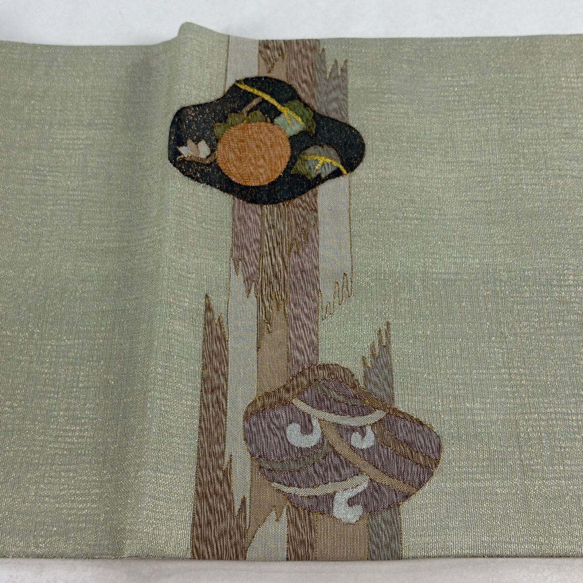 【美品】 袋帶 秀品級 葉與實 霞 金絲 淺綠色 大鼓圖案 純蠶絲