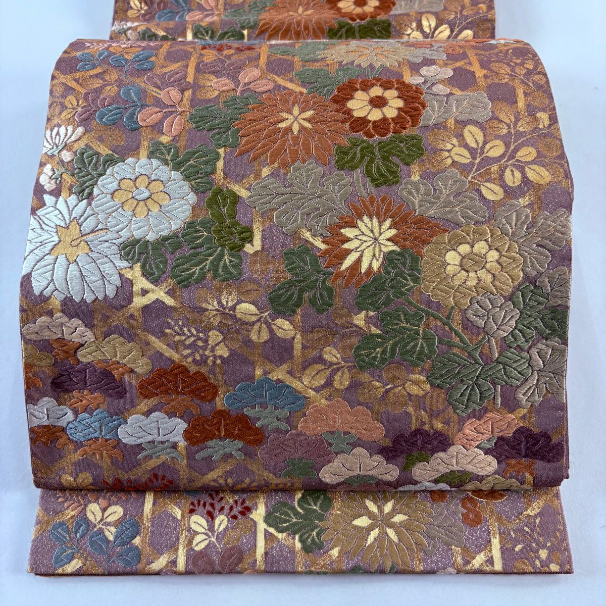 【美品】 袋帶 秀品級 秋草 籠目 唐織 金金箔 灰紫 六通 純蠶絲