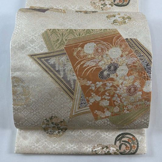 袋帶 秀品級 冊子 草花紋紋 金金箔 唐織 米色 六通 純蠶絲