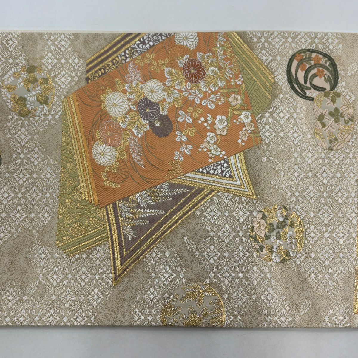 袋帶 秀品級 冊子 草花紋紋 金金箔 唐織 米色 六通 純蠶絲