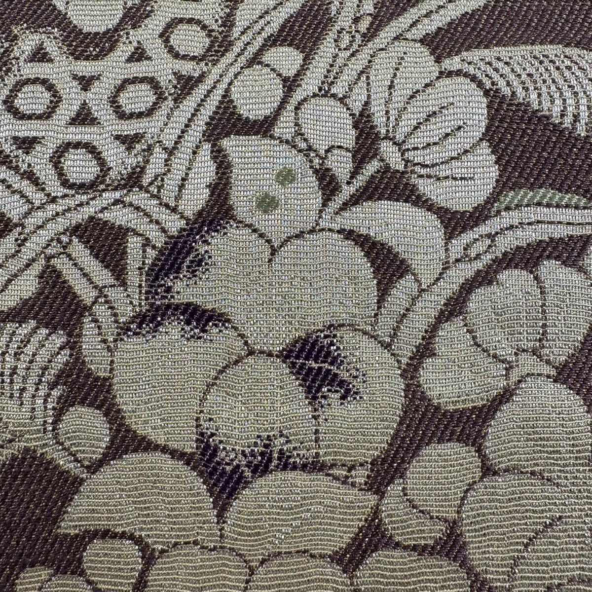 【美品】 袋帶 名品級 草花紋紋 有職文樣 銀線 金金箔 灰紫 六通 純蠶絲