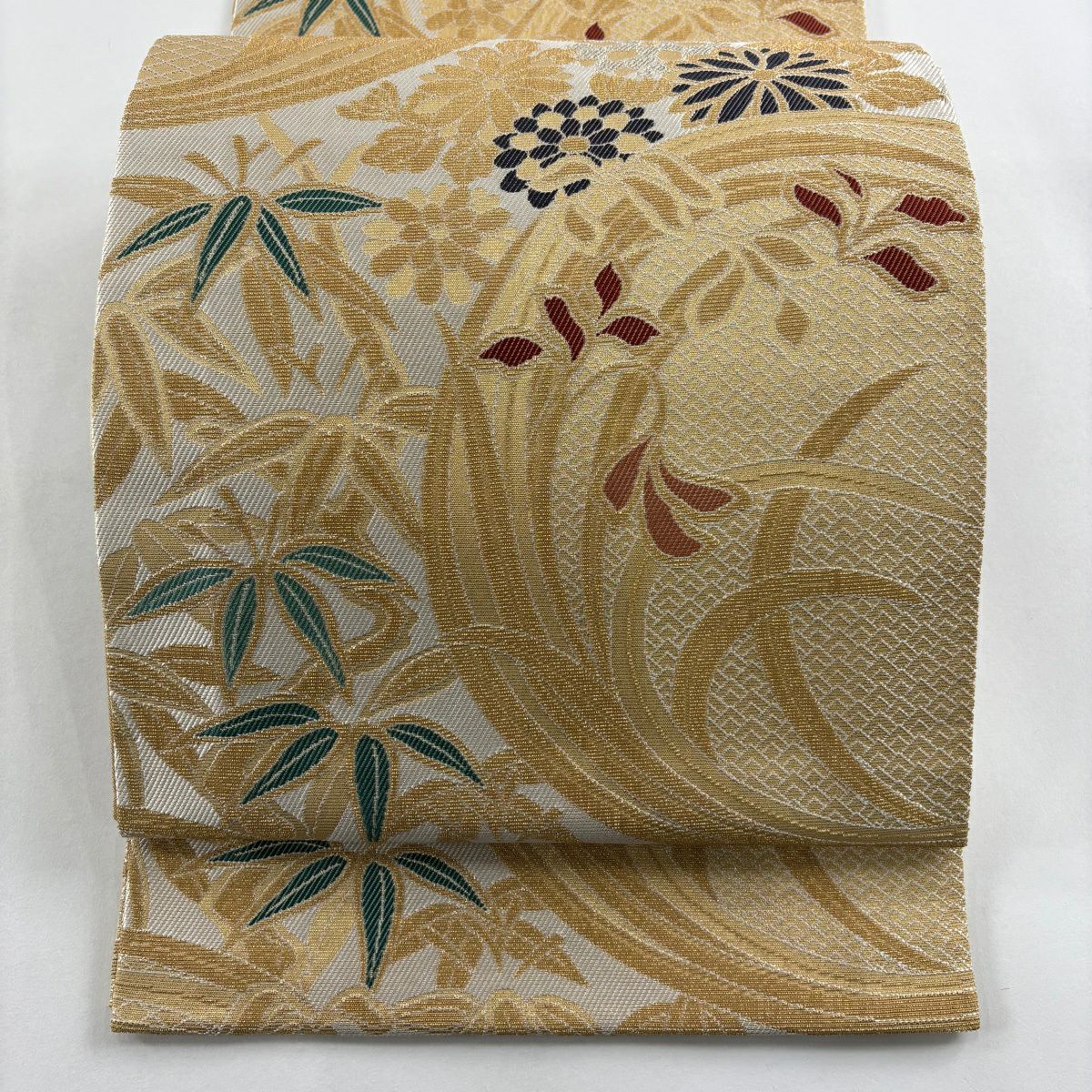 【美品】 袋帶 名品級 花丸紋 菊花 金銀絲 輪奈織 奶油色 六通 純蠶絲