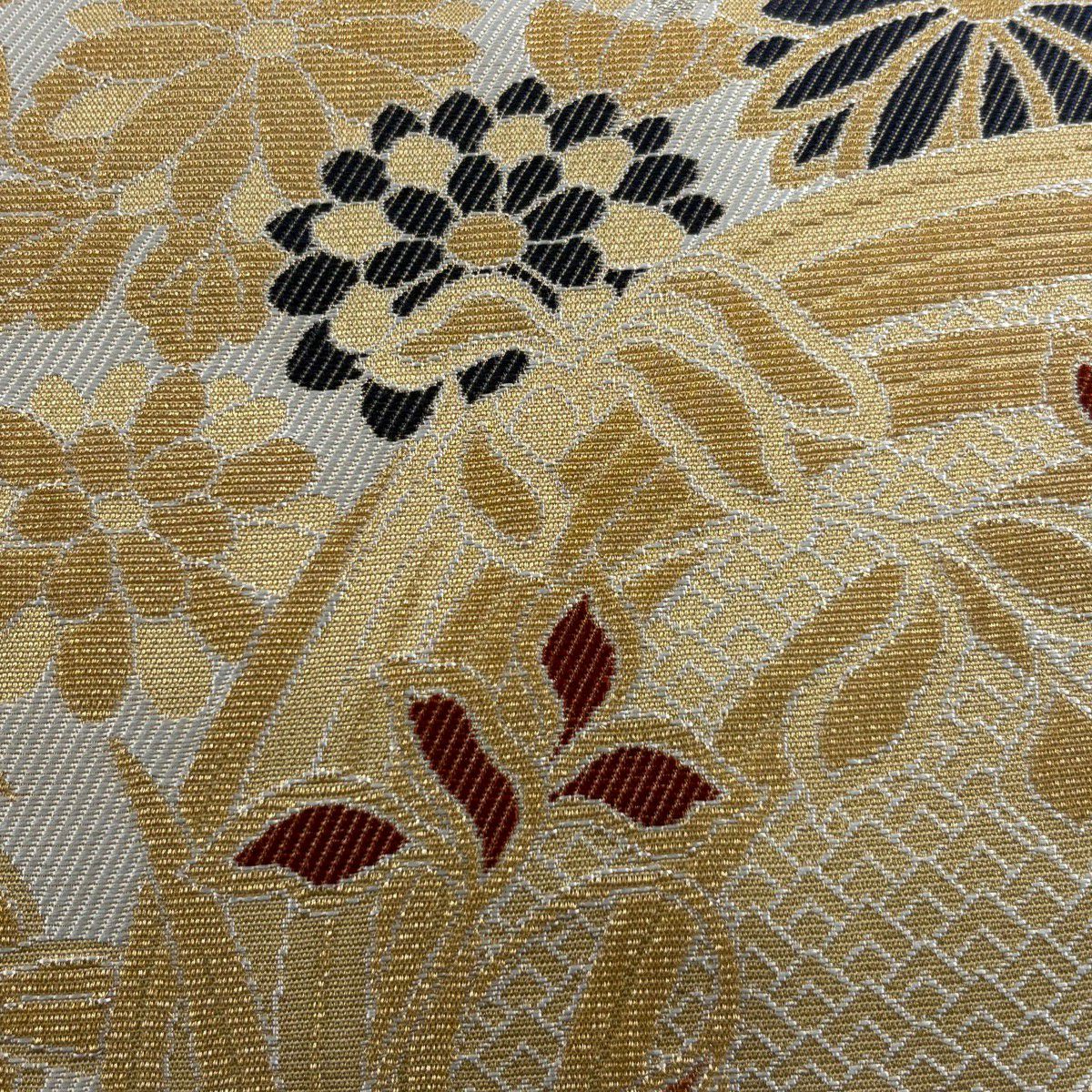 【美品】 袋帶 名品級 花丸紋 菊花 金銀絲 輪奈織 奶油色 六通 純蠶絲