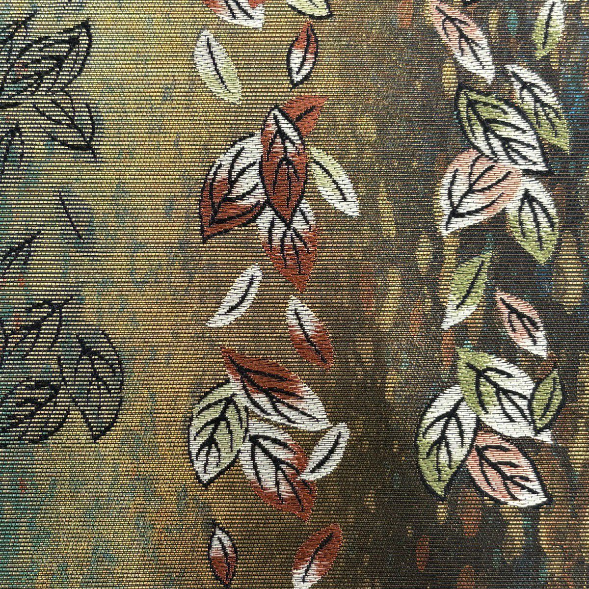 【美品】 袋帶 名品級 草野一騎 落款あり 葉柄 金金箔 茶綠 六通 純蠶絲