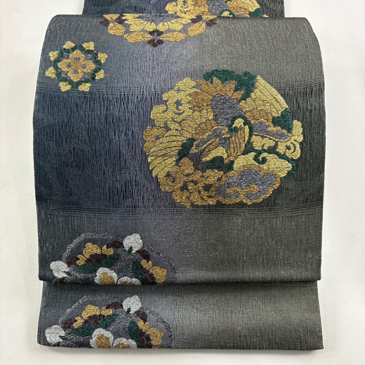 【美品】 袋帶 名品級 鳥 華紋 金金箔 銀絲 灰綠 六通 純蠶絲