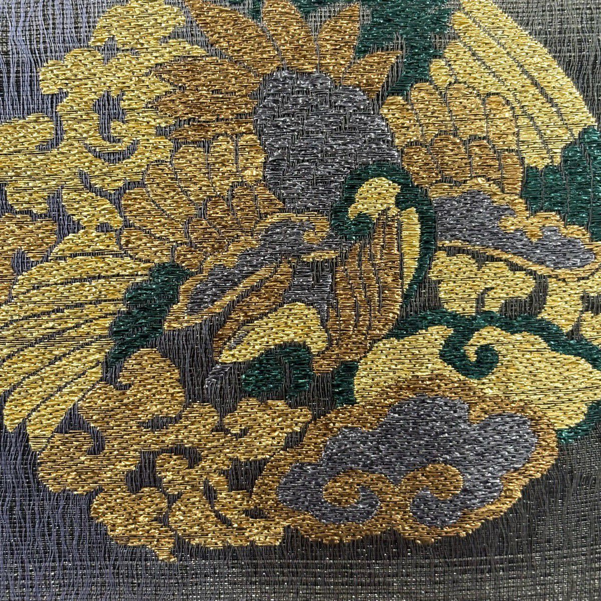 【美品】 袋帶 名品級 鳥 華紋 金金箔 銀絲 灰綠 六通 純蠶絲