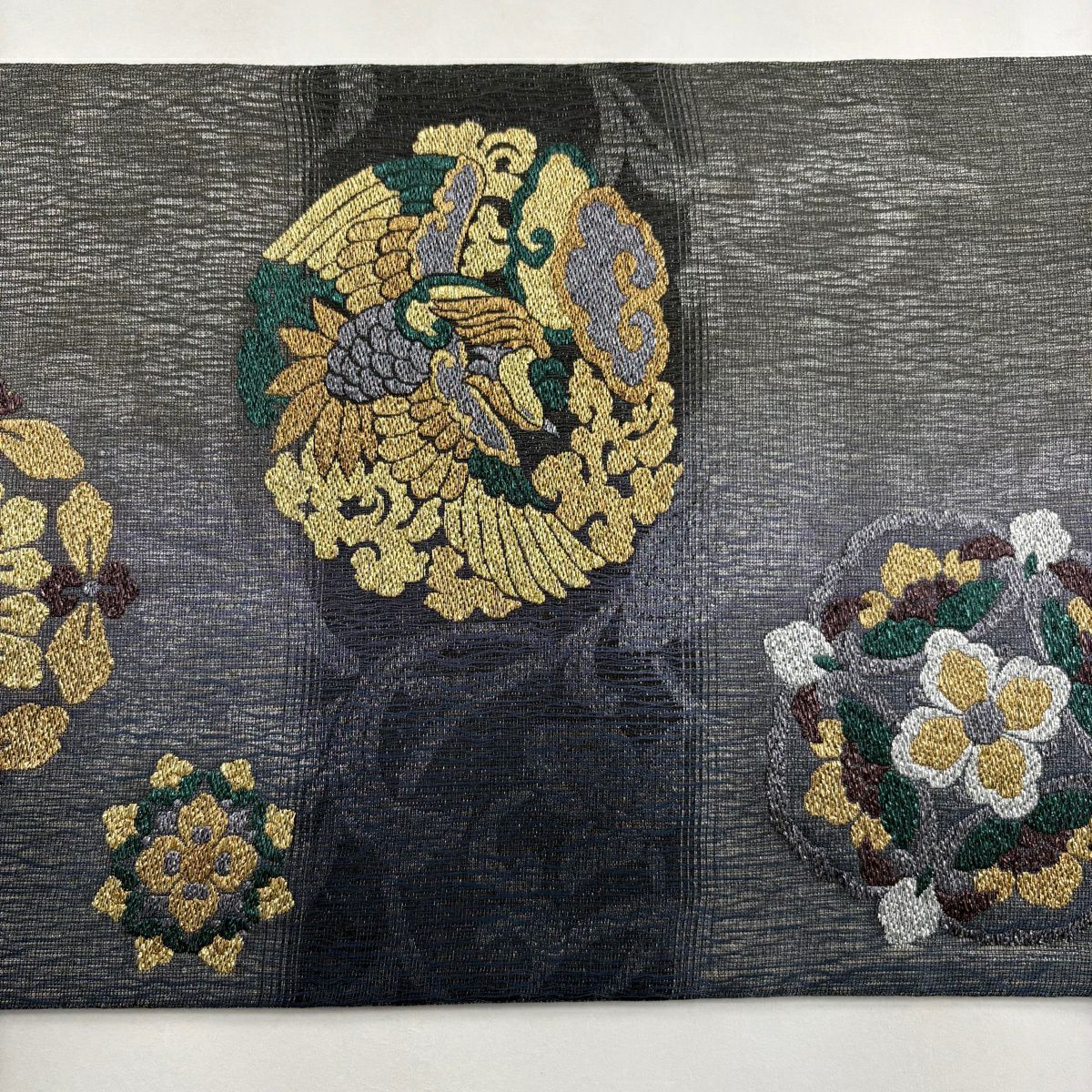 【美品】 袋帶 名品級 鳥 華紋 金金箔 銀絲 灰綠 六通 純蠶絲