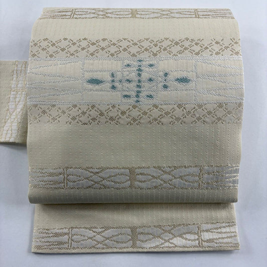 【美品】 名古屋帶 名品級 幾何圖案 段紋 金絲 金金箔 奶油色 純蠶絲