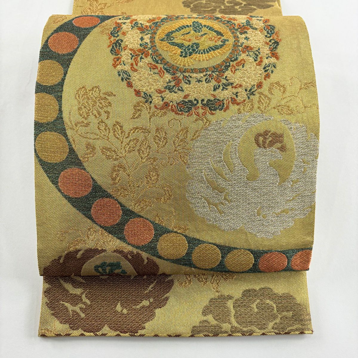 【美品】 袋帶 名品級 關西仕立 金銀彩 鳥 草花紋 金色 六通 純蠶絲