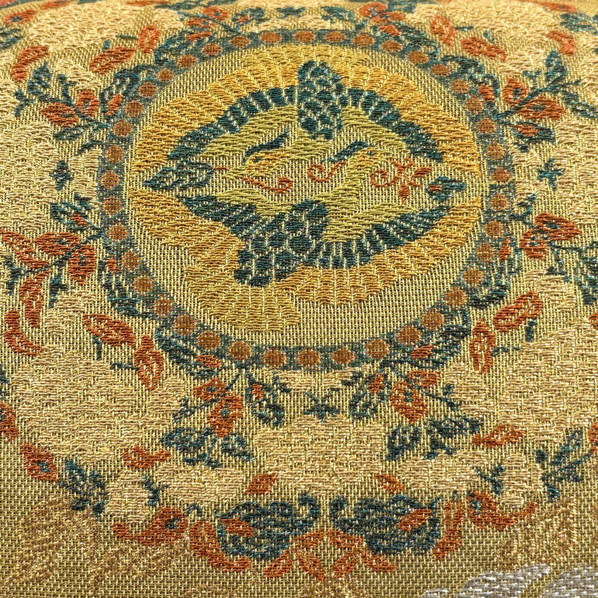 【美品】 袋帶 名品級 關西仕立 金銀彩 鳥 草花紋 金色 六通 純蠶絲