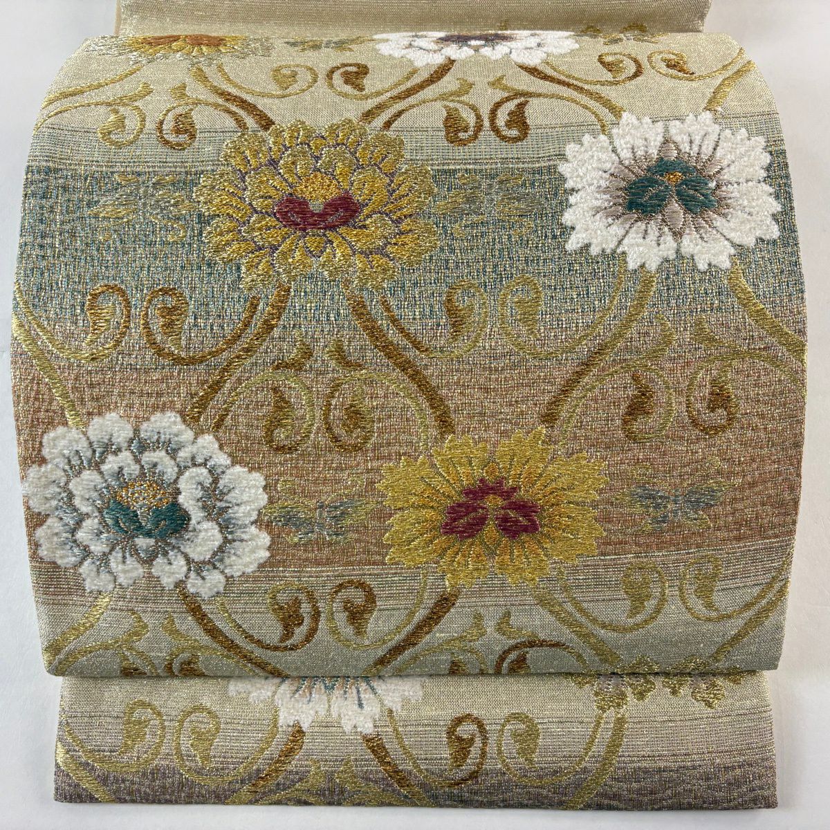 【美品】 袋帶 名品級 花唐草紋 段紋 金金箔 金絲 金 六通 純蠶絲