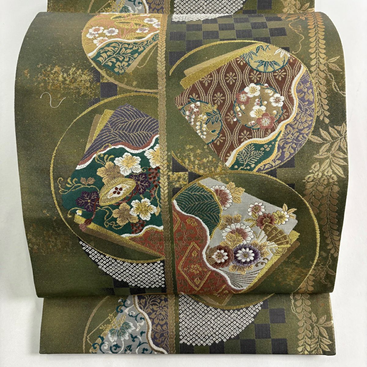 【美品】 袋帶 名品級 證書齊全 藤娘 圓紋 草花紋紋 金金箔 金絲 茶綠 六通 純蠶絲
