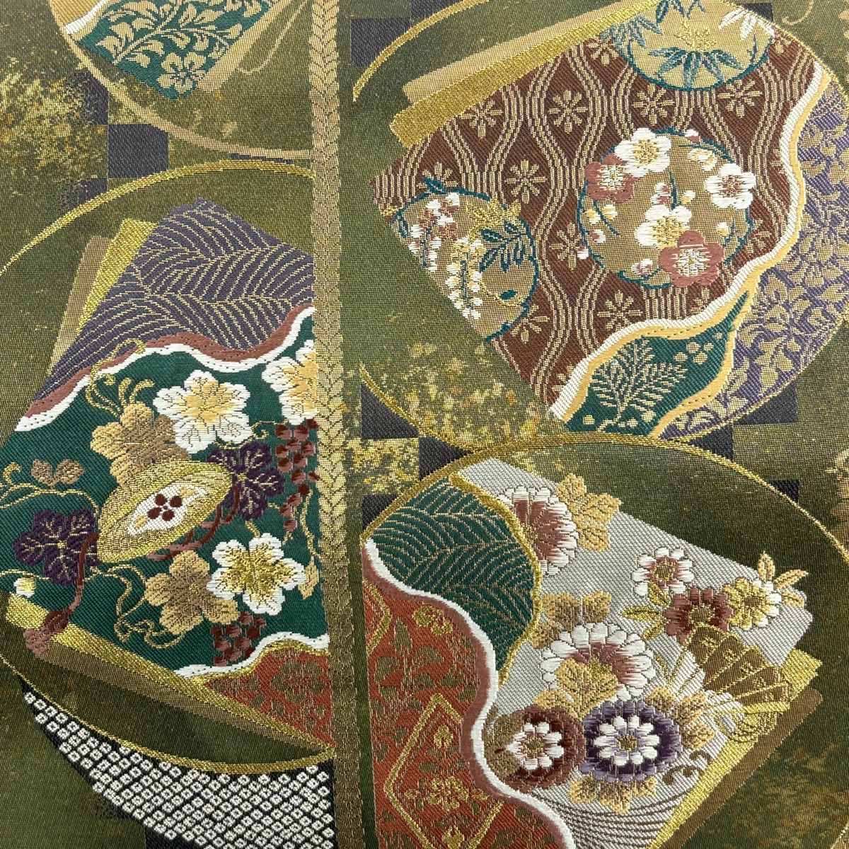 【美品】 袋帶 名品級 證書齊全 藤娘 圓紋 草花紋紋 金金箔 金絲 茶綠 六通 純蠶絲