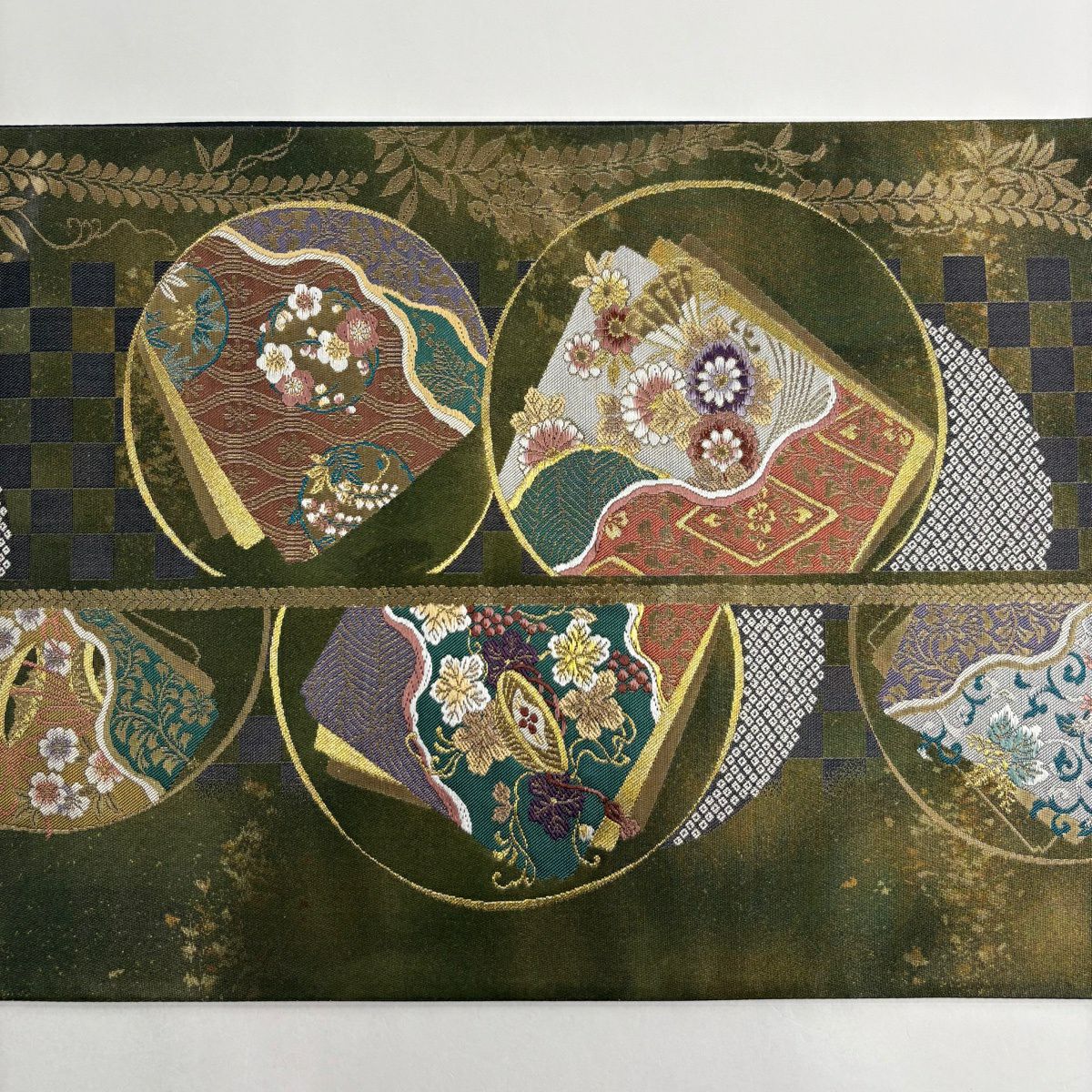 【美品】 袋帶 名品級 證書齊全 藤娘 圓紋 草花紋紋 金金箔 金絲 茶綠 六通 純蠶絲