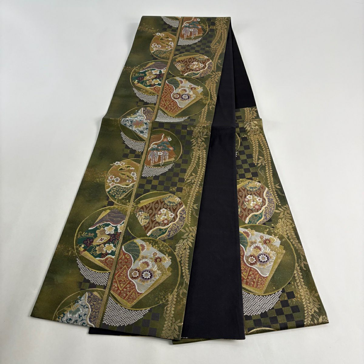 【美品】 袋帶 名品級 證書齊全 藤娘 圓紋 草花紋紋 金金箔 金絲 茶綠 六通 純蠶絲
