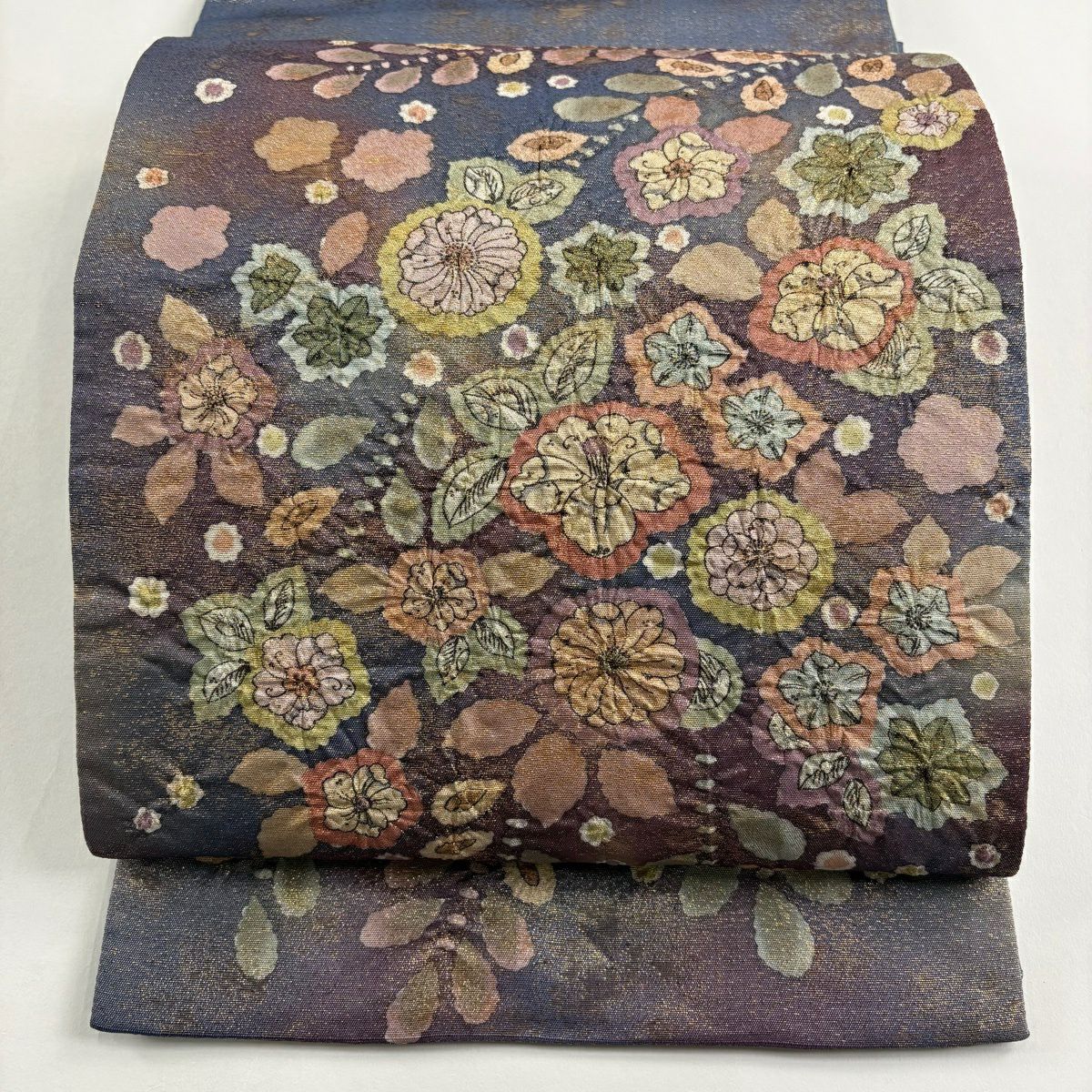 【美品】 袋帶 名品級 落款あり 辻花染 金通し 青紫 お太鼓柄 純蠶絲
