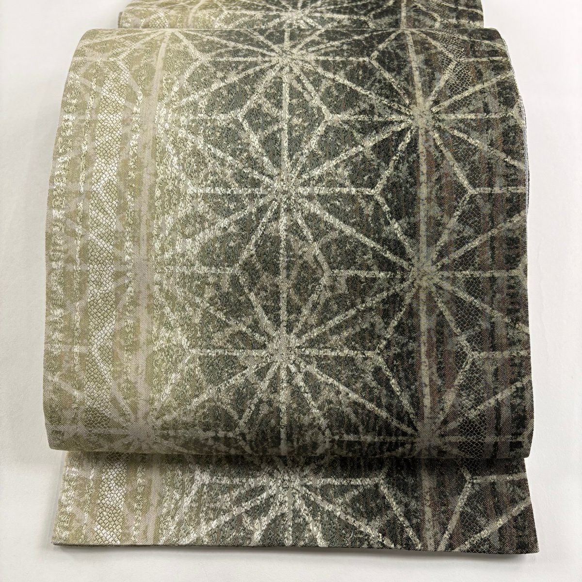 【美品】 袋帶 名品級 麻葉紋 條紋 銀通 灰綠 全通 純蠶絲
