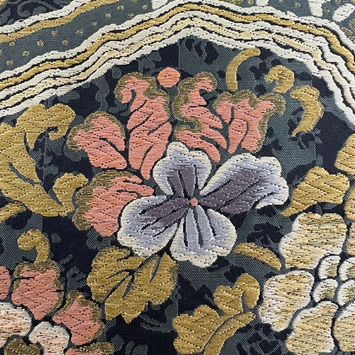 袋帶 名品級 草花紋 金糸 灰綠 六通 純蠶絲