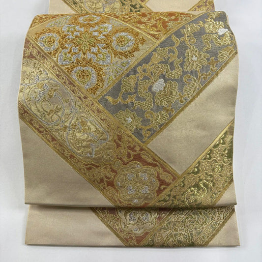 袋帶 名品級 川島織物 落款 華紋 花唐草紋 金銀線 金金箔 金 六通 純蠶絲