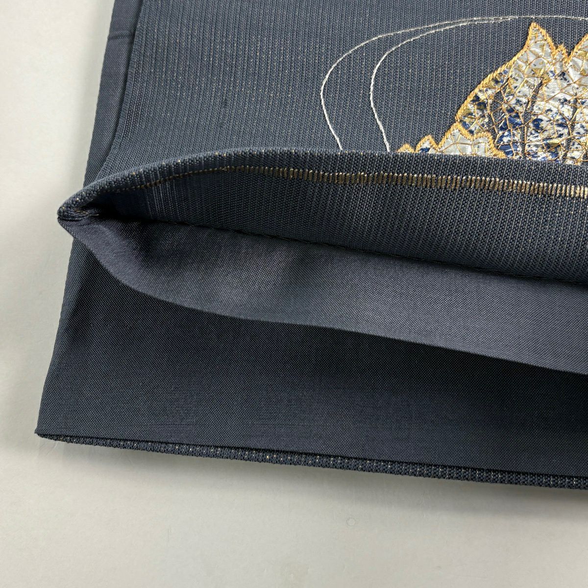 【美品】 袋帶 名品級 流水 草花紋 金銀彩 青灰 純蠶絲