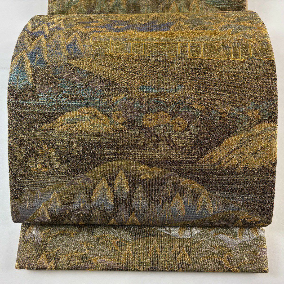 【美品】 袋帶 名品級 落款あり 寺井一雄 京巡遊 風景 金絲 金金箔 金茶 六通 純蠶絲