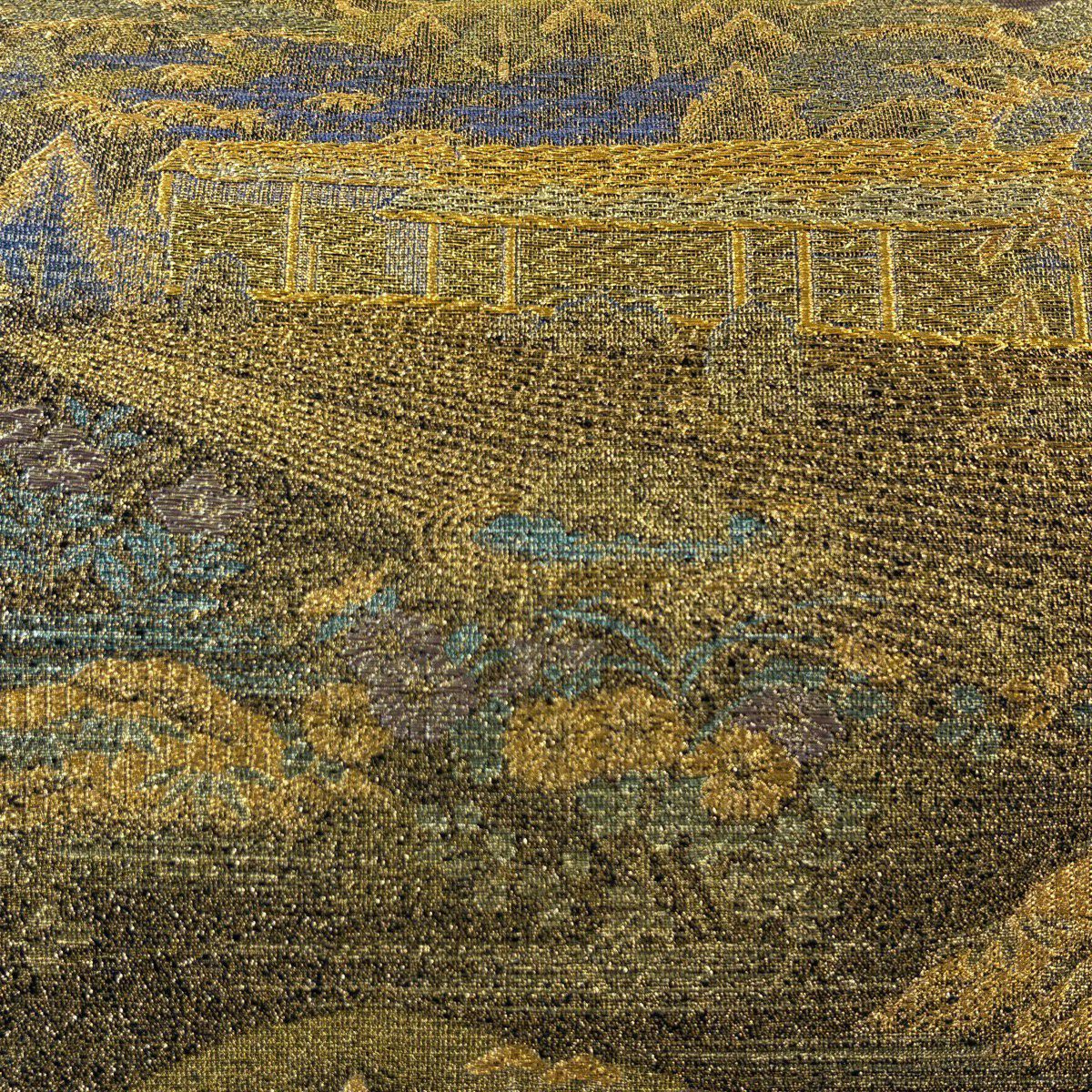 【美品】 袋帶 名品級 落款あり 寺井一雄 京巡遊 風景 金絲 金金箔 金茶 六通 純蠶絲