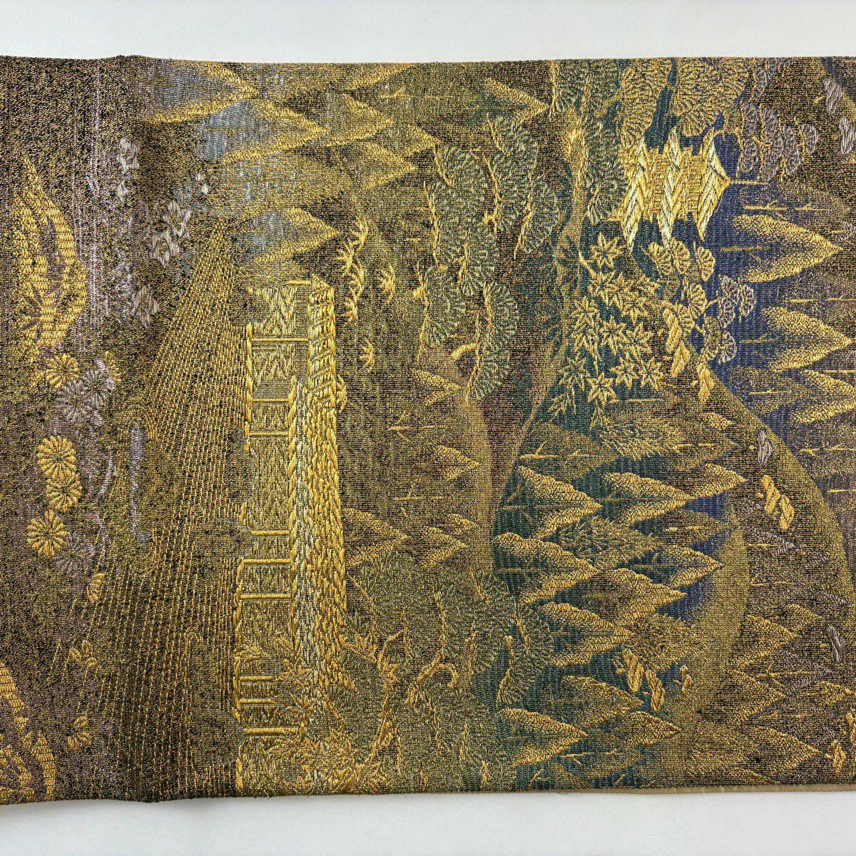 【美品】 袋帶 名品級 落款あり 寺井一雄 京巡遊 風景 金絲 金金箔 金茶 六通 純蠶絲