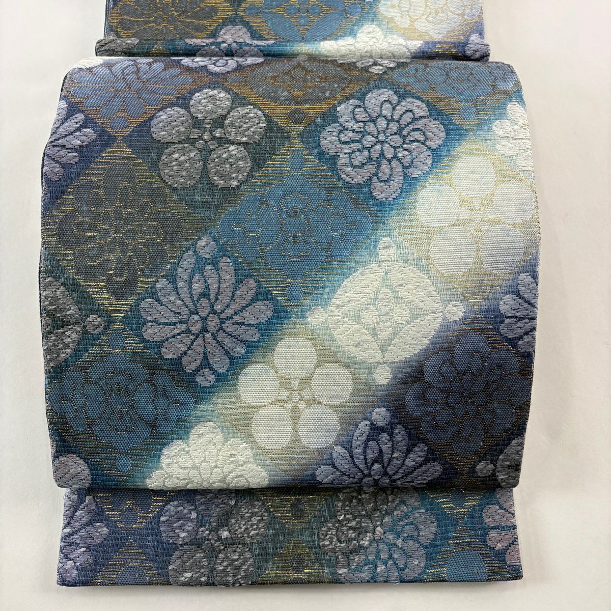 【美品】 袋帶 名品級 花 七寶 金金箔 藍色 六通 純蠶絲