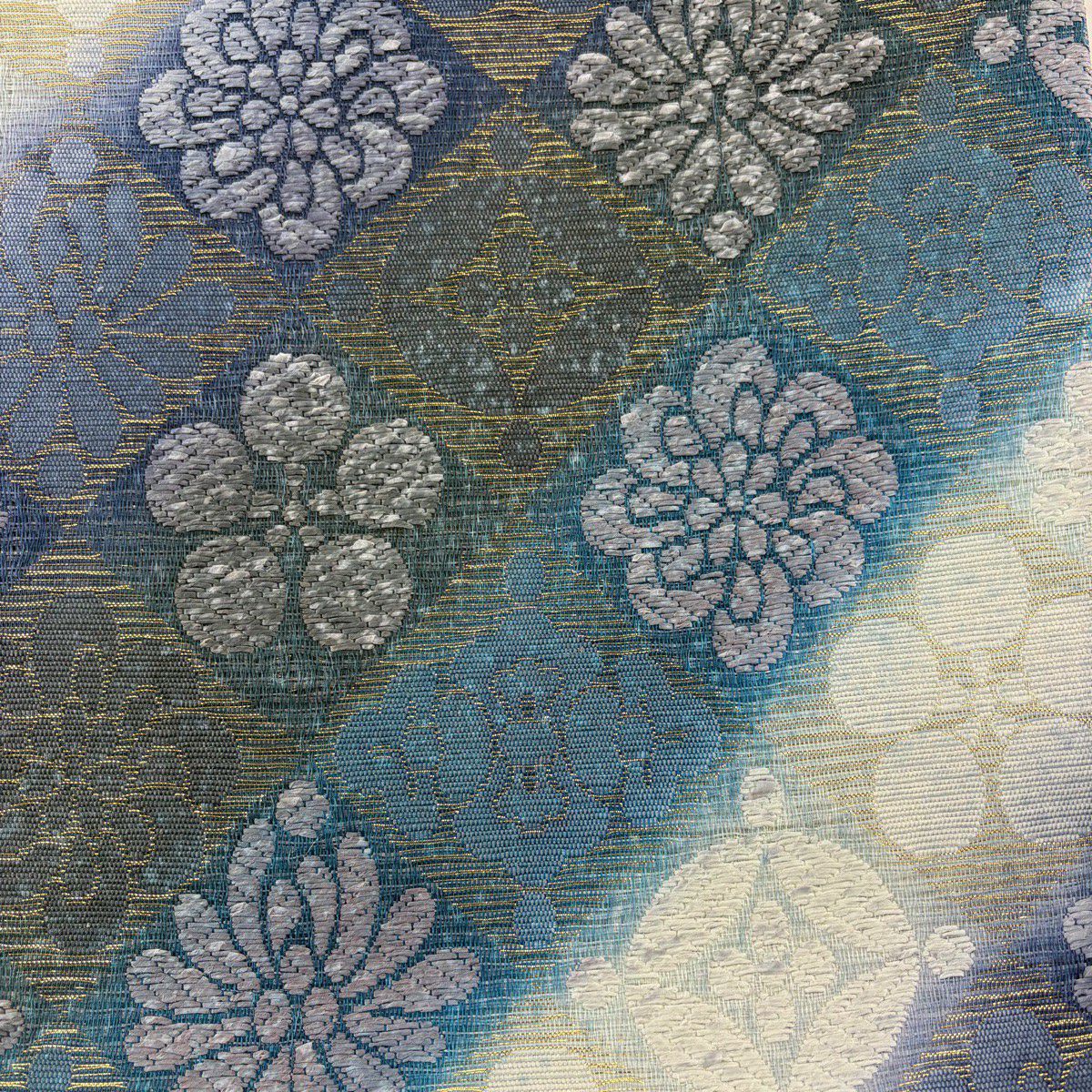 【美品】 袋帶 名品級 花 七寶 金金箔 藍色 六通 純蠶絲