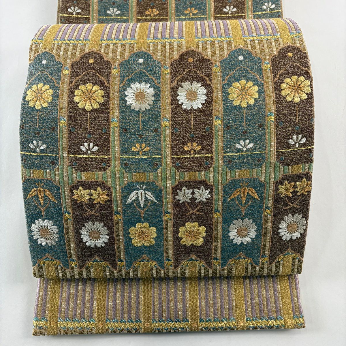 【美品】 袋帶 名品級 花 笹 金金箔 金絲 黃土色 六通 純蠶絲
