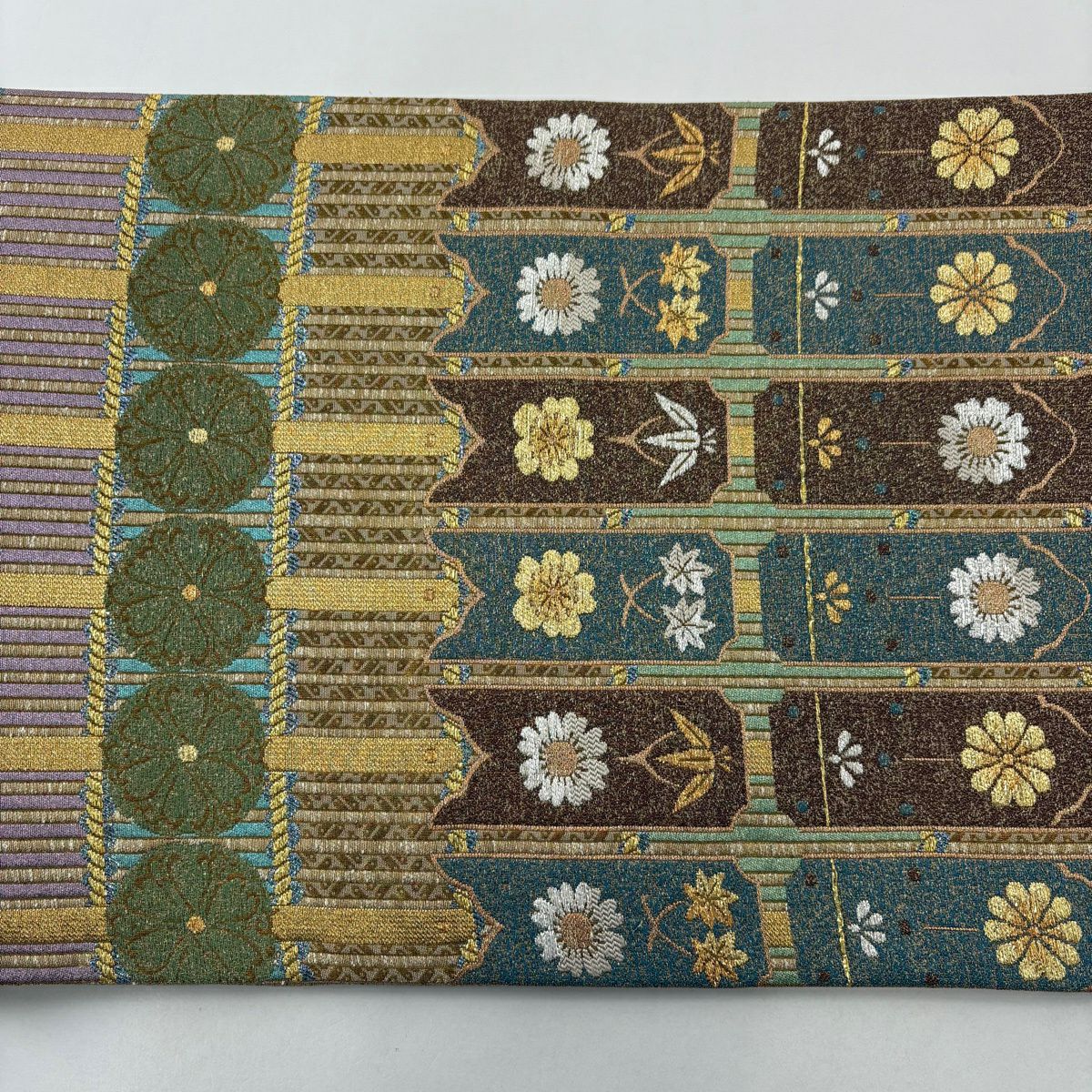 【美品】 袋帶 名品級 花 笹 金金箔 金絲 黃土色 六通 純蠶絲