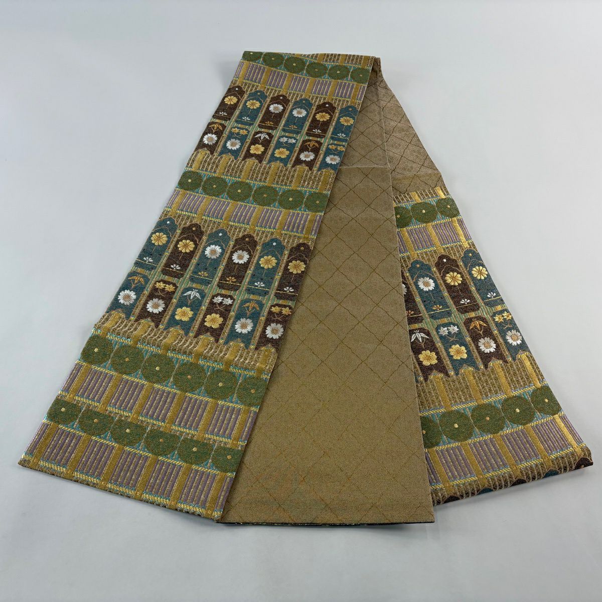 【美品】 袋帶 名品級 花 笹 金金箔 金絲 黃土色 六通 純蠶絲
