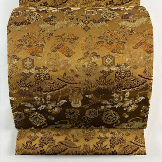 袋帶 名品級 寶盡くし 仙鶴 金絲 刺繡 山吹茶 六通 純蠶絲