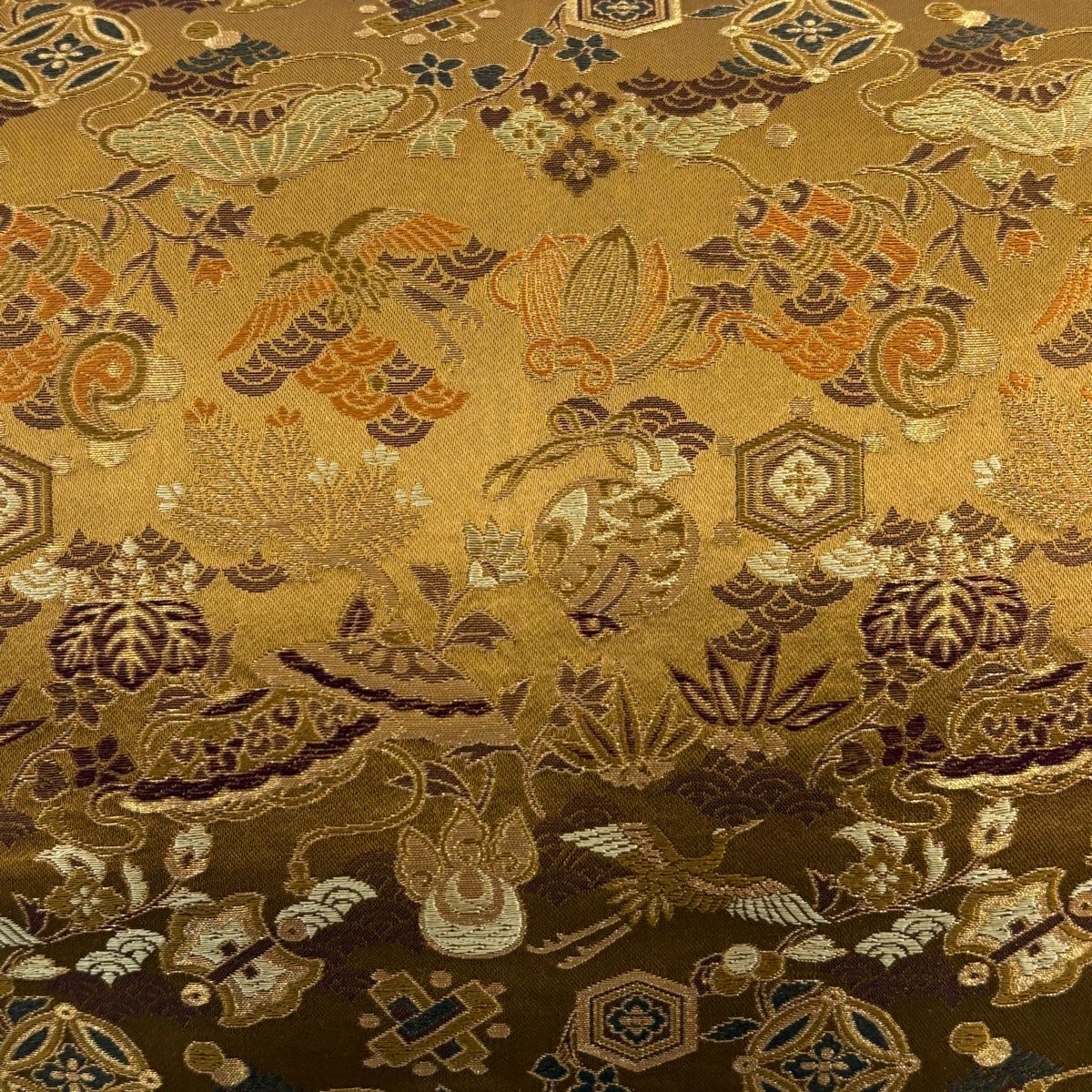 袋帶 名品級 寶盡くし 仙鶴 金絲 刺繡 山吹茶 六通 純蠶絲