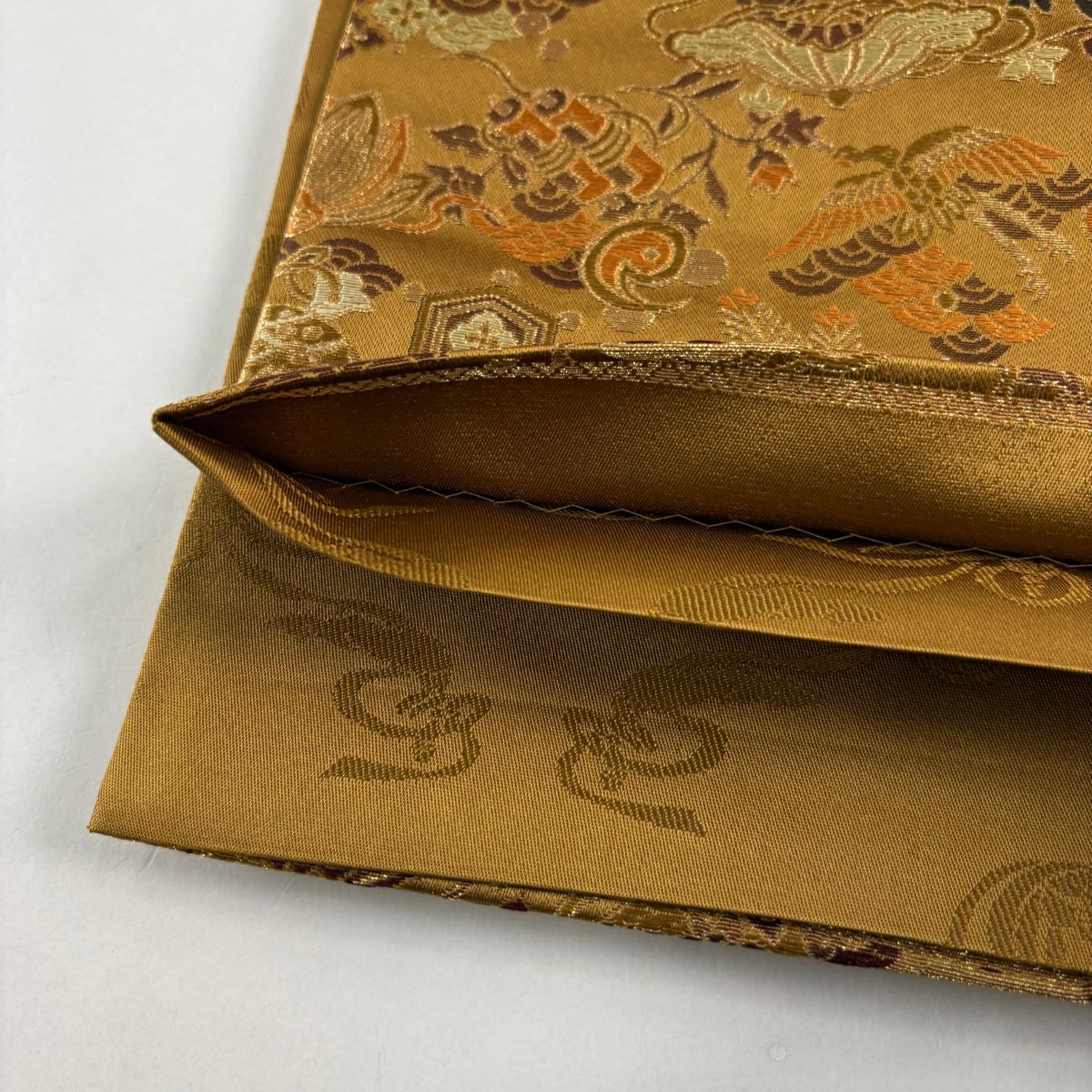袋帶 名品級 寶盡くし 仙鶴 金絲 刺繡 山吹茶 六通 純蠶絲