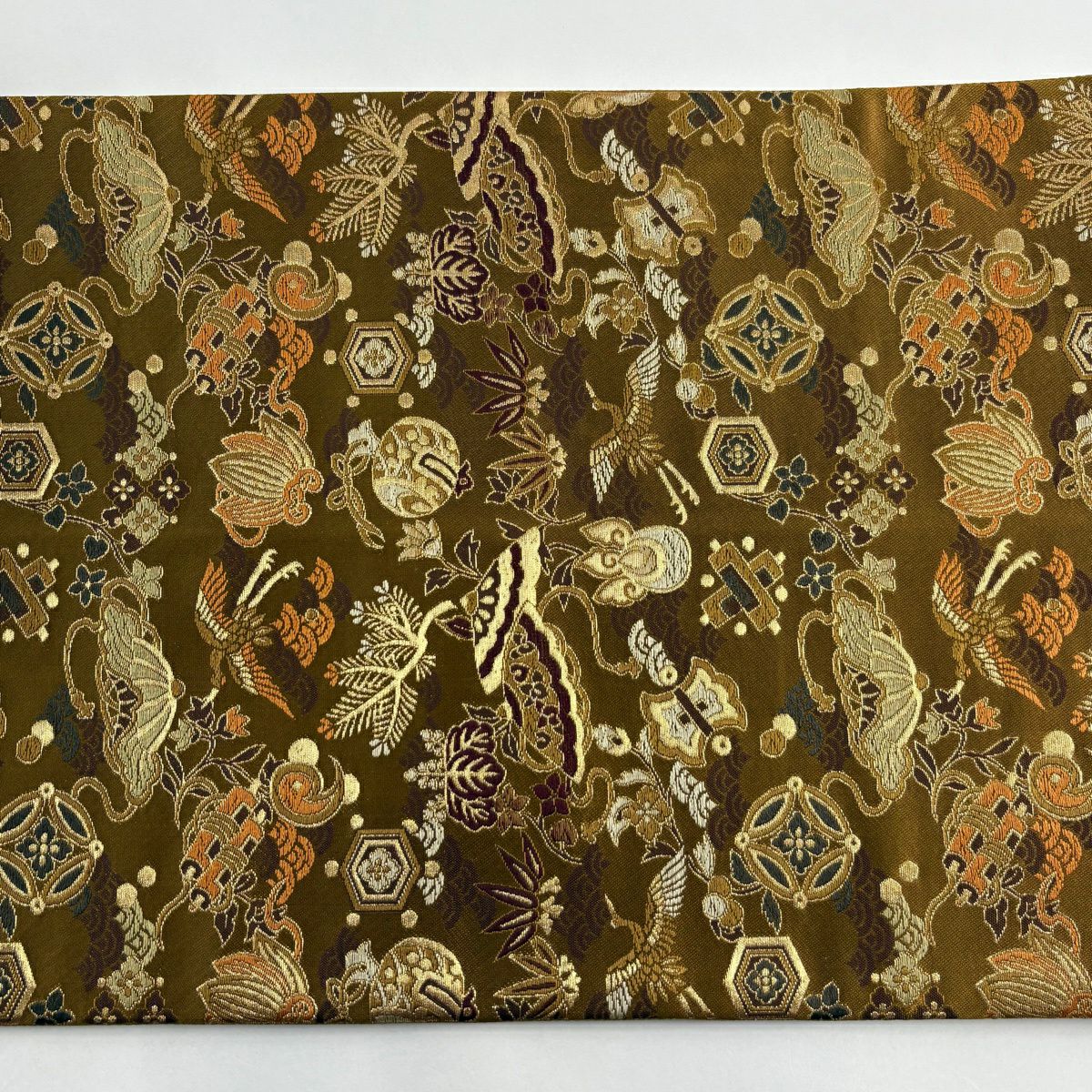 袋帶 名品級 寶盡くし 仙鶴 金絲 刺繡 山吹茶 六通 純蠶絲