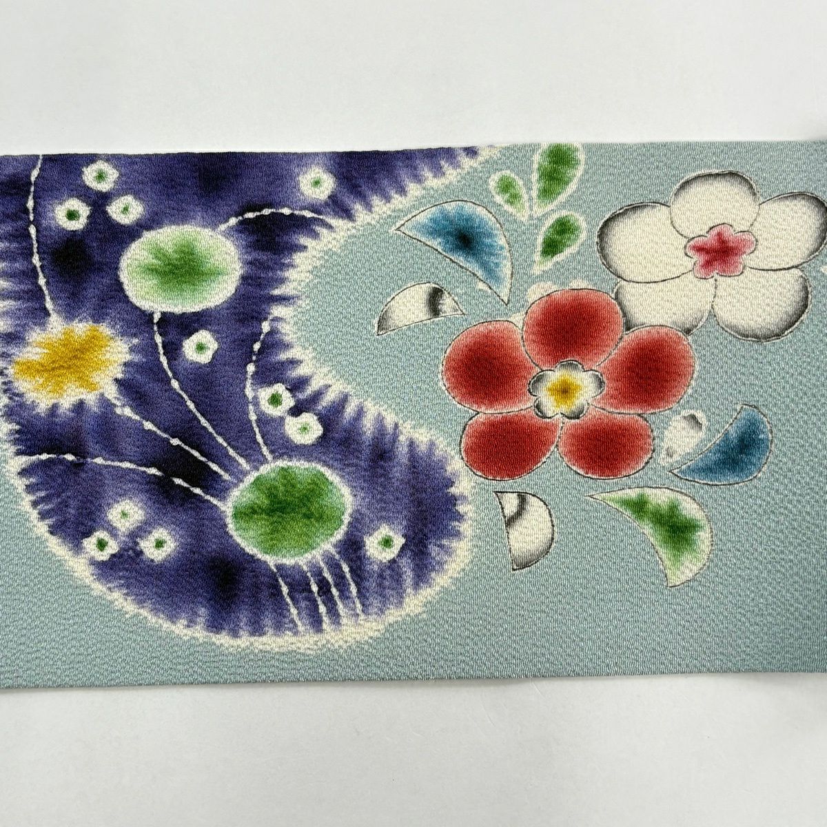 名古屋帶 名品級 有落款 草花紋紋 絞染 縮緬 青灰色 純蠶絲