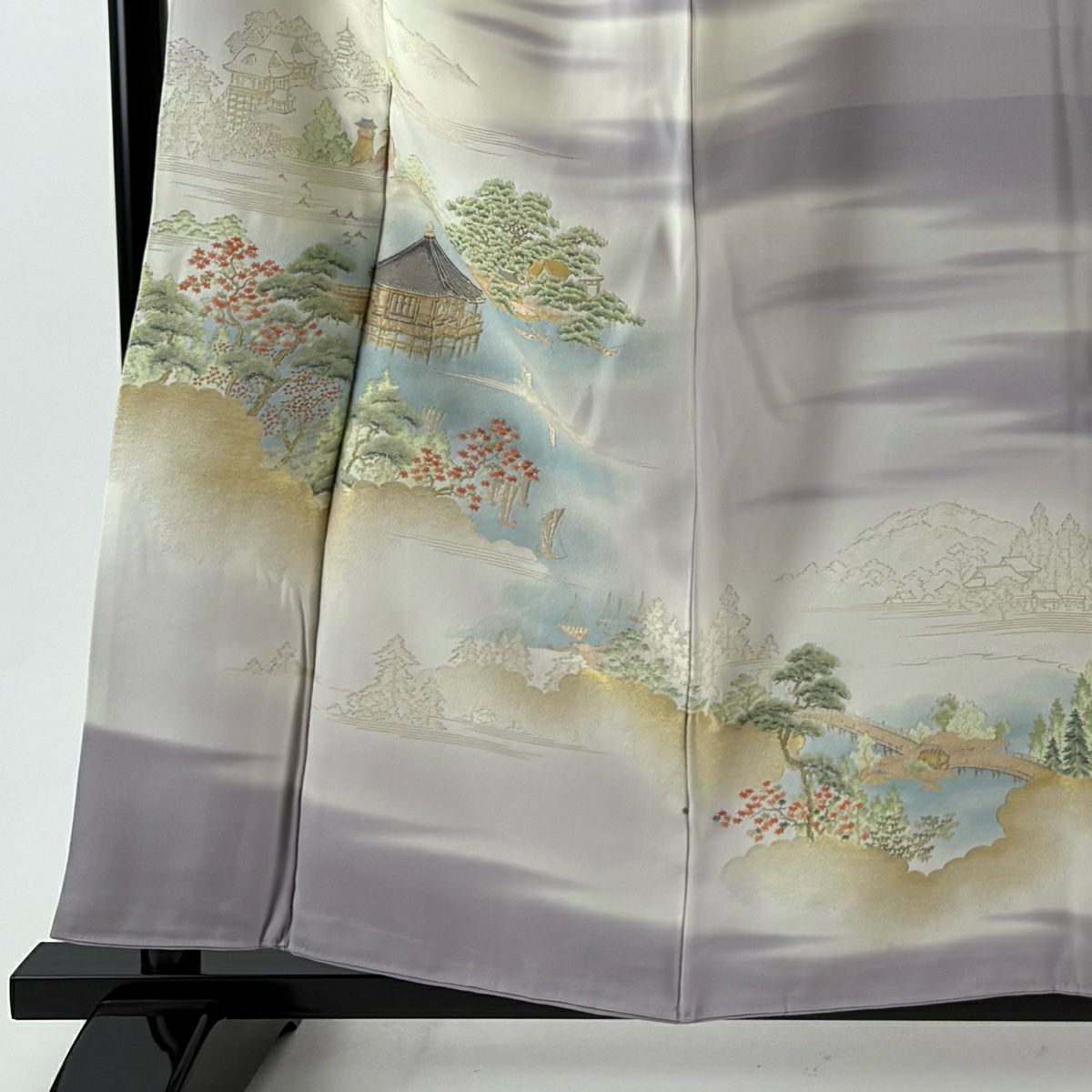 留袖禮服禮服 身長157cm 袖長65cm M 雙層 水邊的風景 金絲 灰紫 純蠶絲 優品級 一個紋