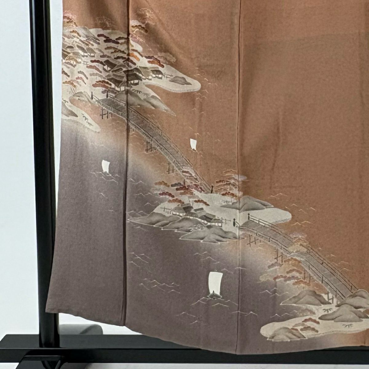 付下 身長155.5cm 袖長64.5cm M 雙層 風景 金銀彩 絞織 茶 純蠶絲 優品級 一個紋
