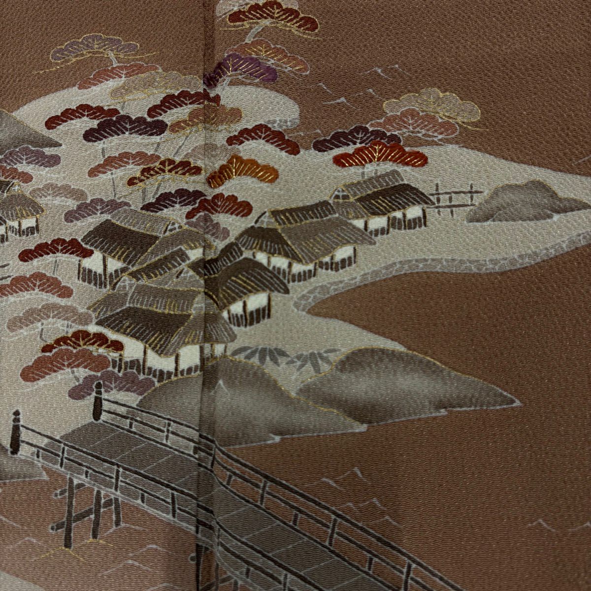 付下 身長155.5cm 袖長64.5cm M 雙層 風景 金銀彩 絞織 茶 純蠶絲 優品級 一個紋