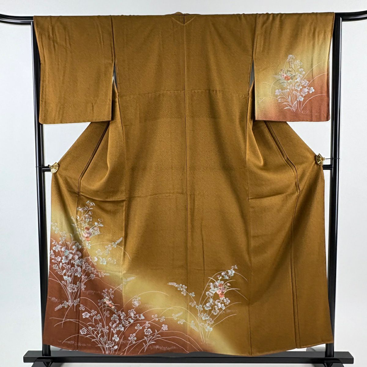付下 身長155.5cm 袖長65.5cm M 雙層 菊花 萩 刺繡 金線 山吹茶 純蠶絲 優品級