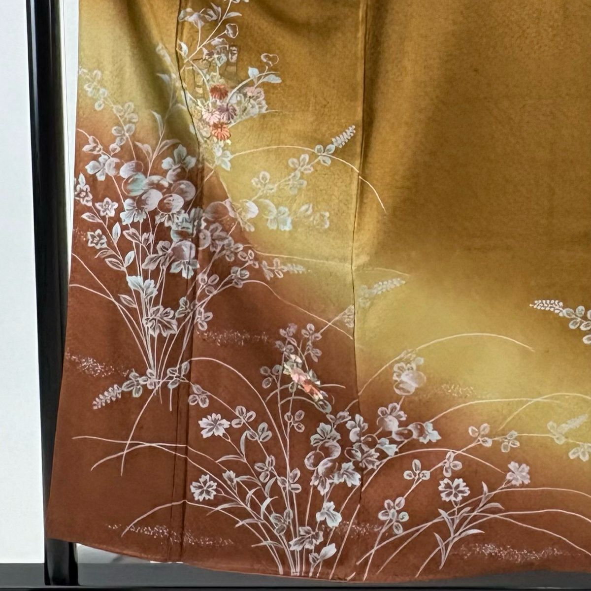 付下 身長155.5cm 袖長65.5cm M 雙層 菊花 萩 刺繡 金線 山吹茶 純蠶絲 優品級