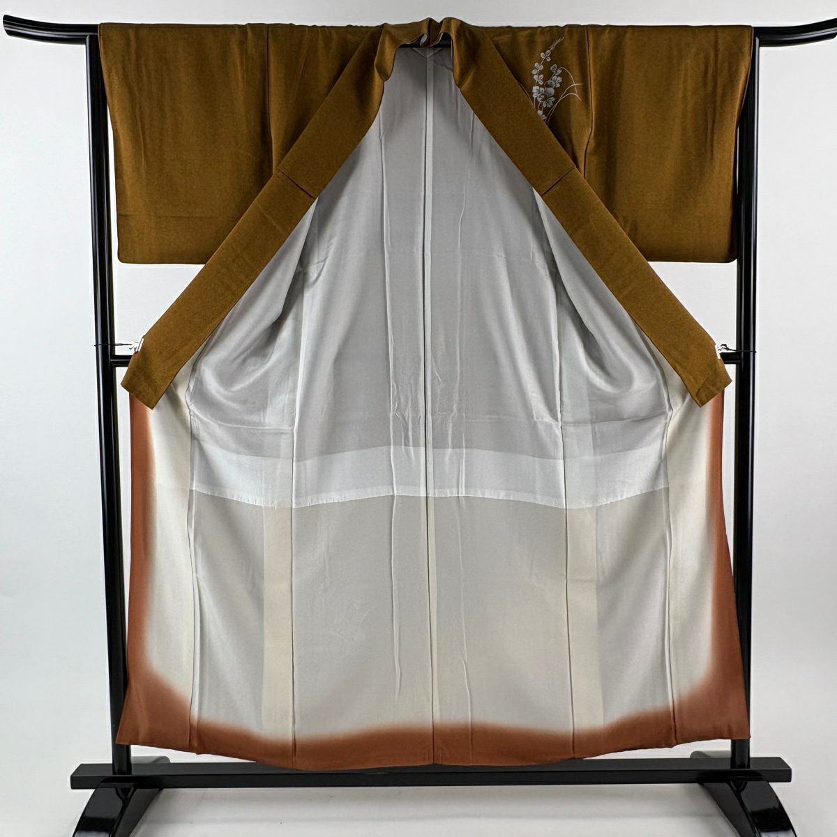 付下 身長155.5cm 袖長65.5cm M 雙層 菊花 萩 刺繡 金線 山吹茶 純蠶絲 優品級