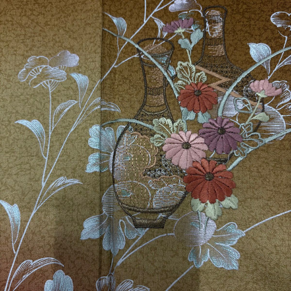 付下 身長155.5cm 袖長65.5cm M 雙層 菊花 萩 刺繡 金線 山吹茶 純蠶絲 優品級