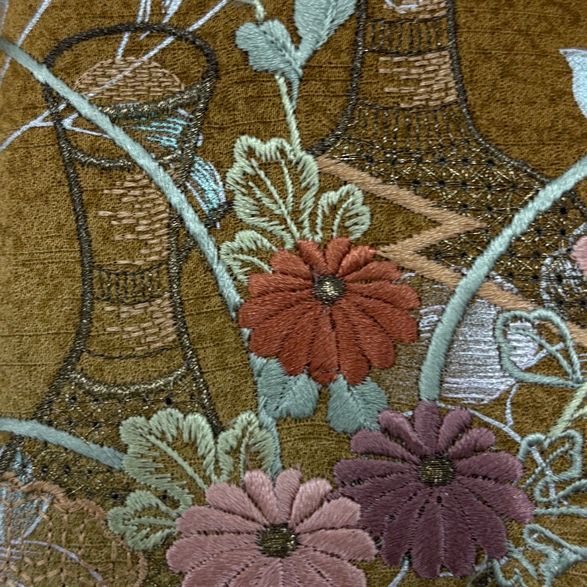 付下 身長155.5cm 袖長65.5cm M 雙層 菊花 萩 刺繡 金線 山吹茶 純蠶絲 優品級