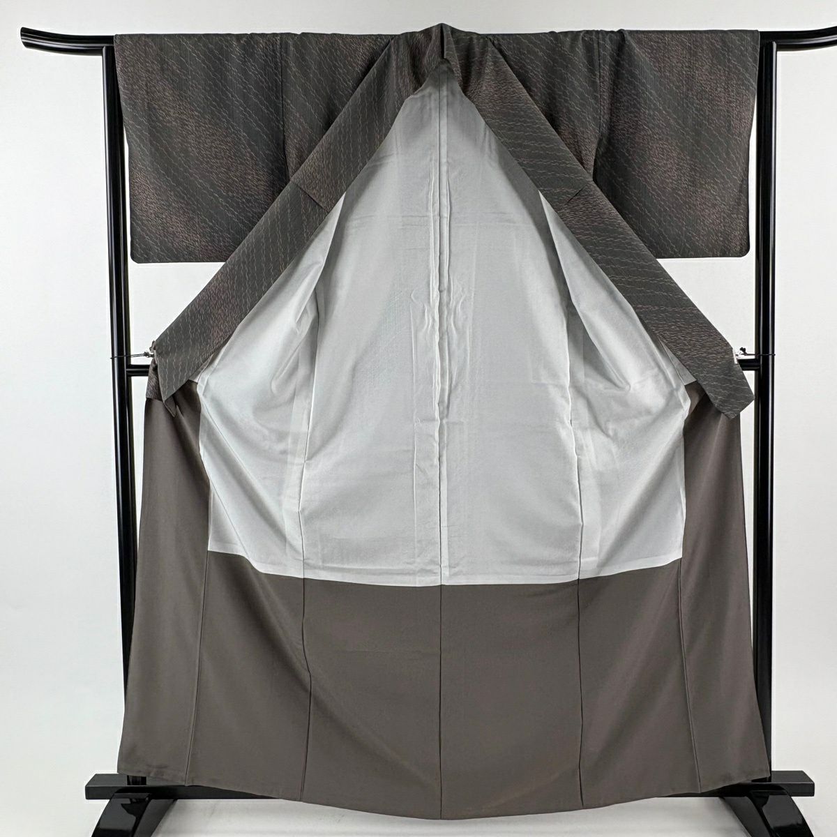 【美品】 小紋 身長164cm 袖長65cm M 雙層 幾何學圖案 條紋 灰色 純蠶絲 優品級