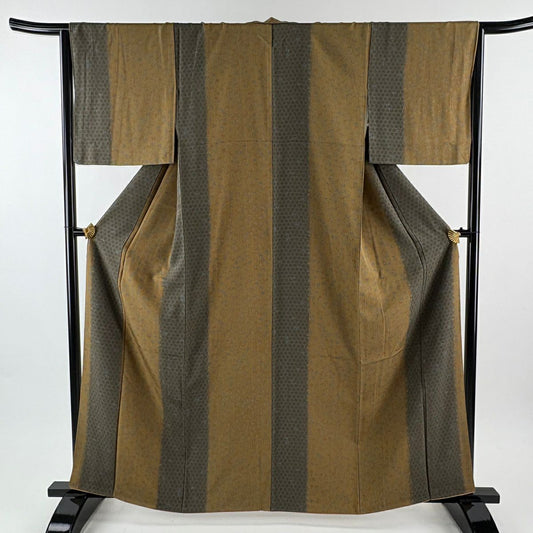 【美品】 小紋 身長162cm 袖長64.5cm M 雙層 籠目 萩 山吹茶 純蠶絲 優品級