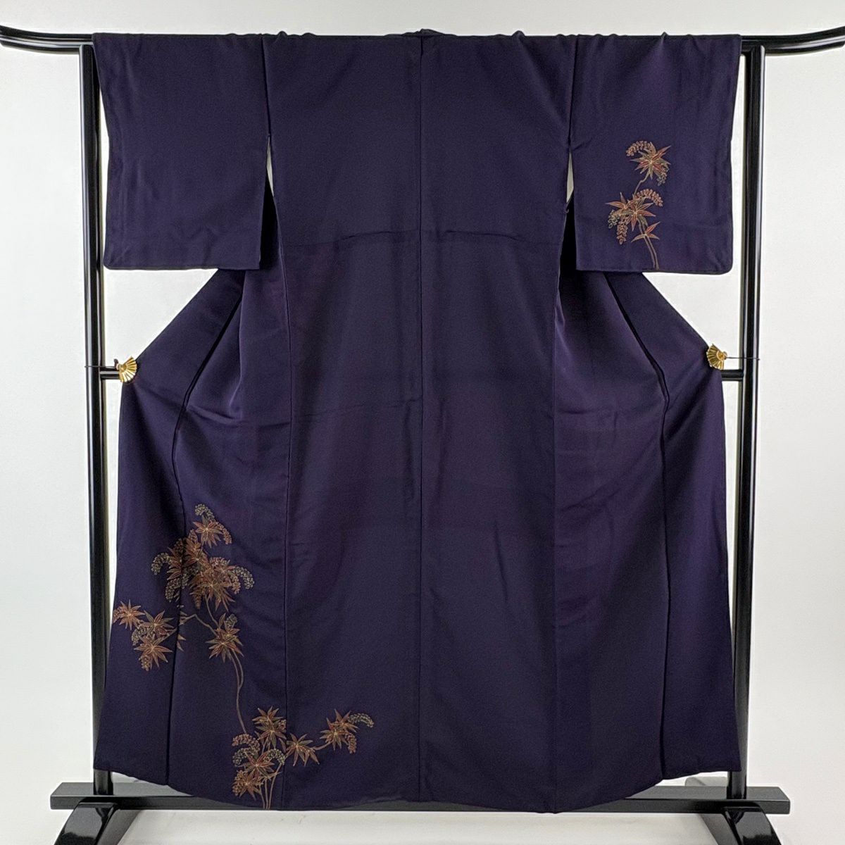 付下 身長157.5cm 袖長64.5cm M 雙層 草花紋紋 金彩裝飾 刺繡 深藍 純蠶絲 優品級