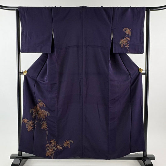 付下 身長157.5cm 袖長64.5cm M 雙層 草花紋紋 金彩裝飾 刺繡 深藍 純蠶絲 優品級