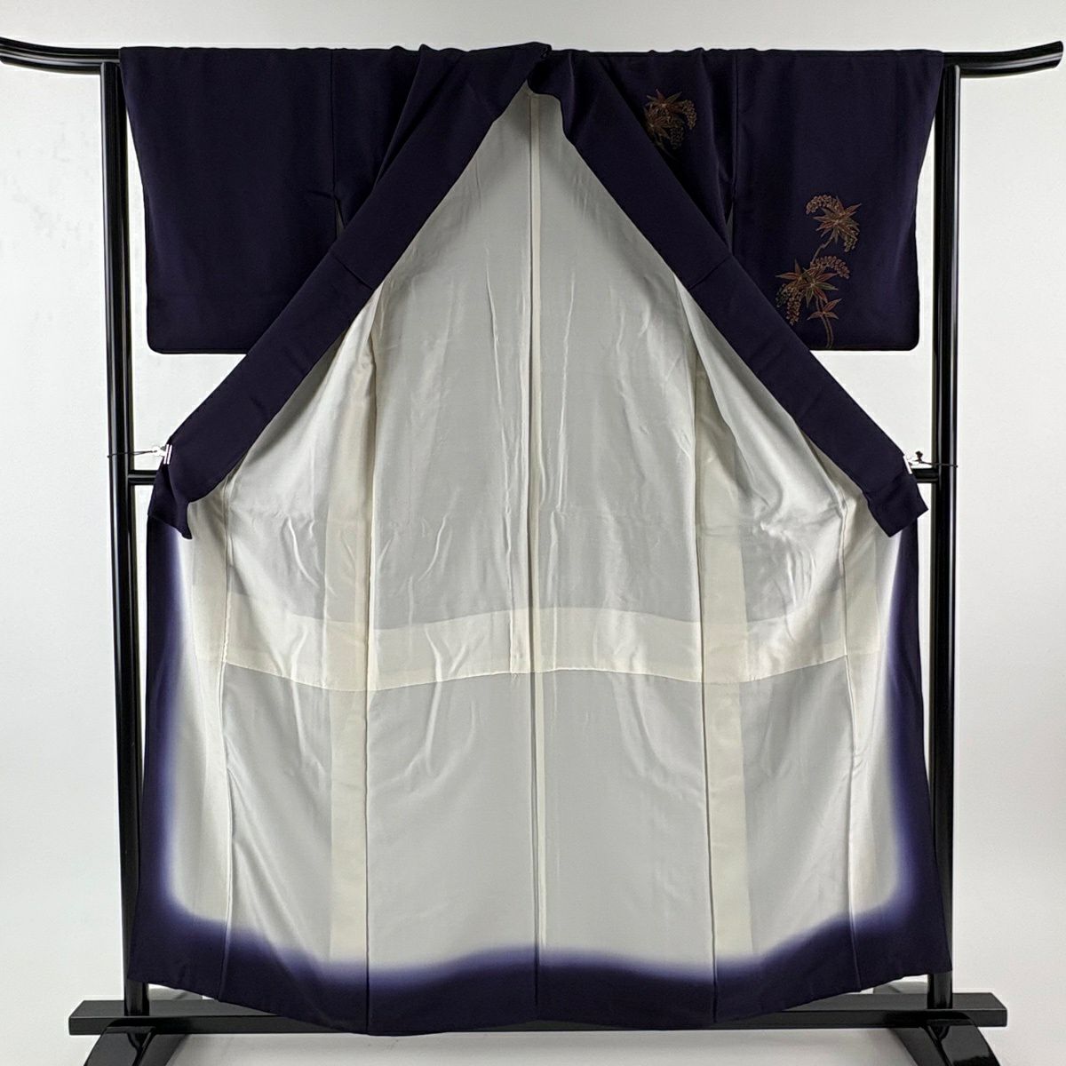 付下 身長157.5cm 袖長64.5cm M 雙層 草花紋紋 金彩裝飾 刺繡 深藍 純蠶絲 優品級